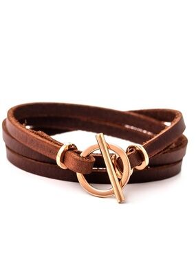 Brown Leather Wrap Bracelet with Gold Toggle Closure